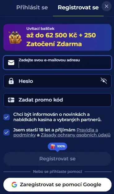 Registrační formulář Ivybet s poli pro e-mail, heslo a osobní údaje