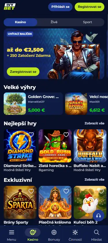 Telefon s ikonou Ivybet na domovské obrazovce a otevřenou nabídkou mobilního kasina